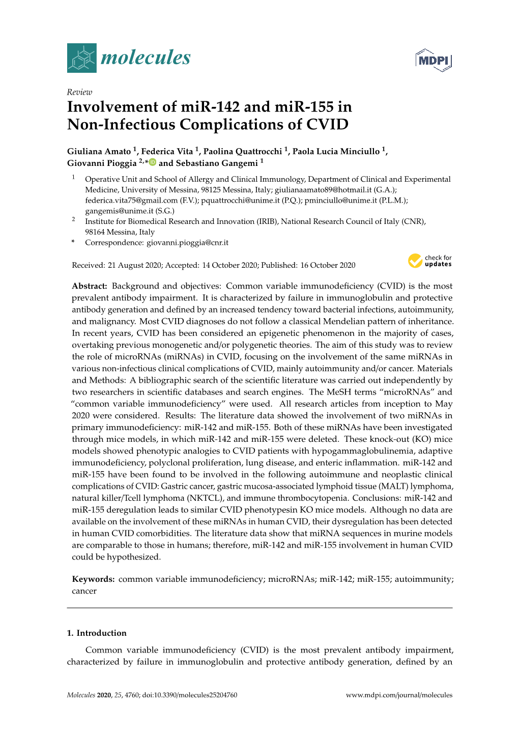 Involvement of Mir-142 and Mir-155 in Non-Infectious Complications of CVID