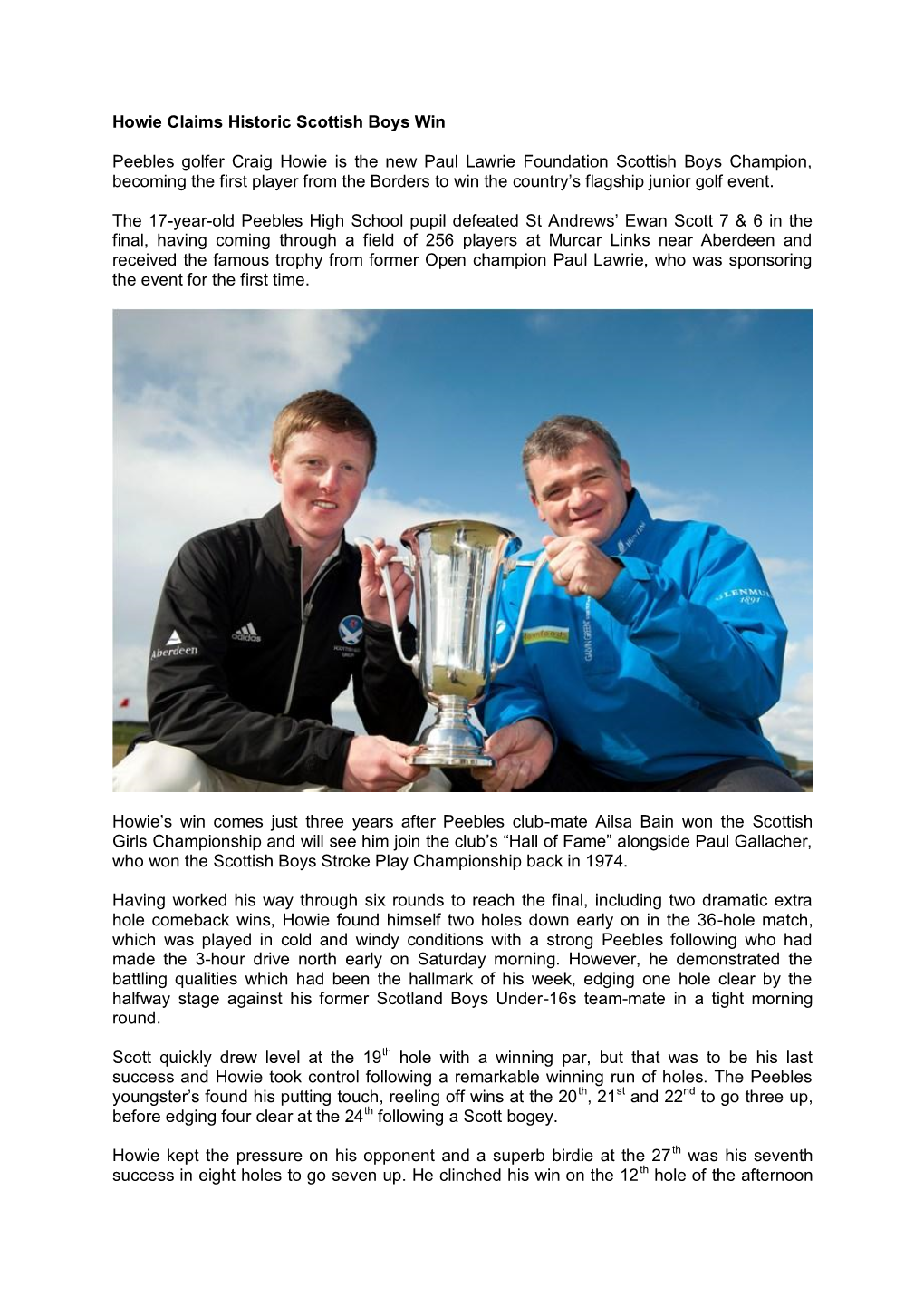 Howie Claims Historic Scottish Boys Win Peebles Golfer Craig Howie Is