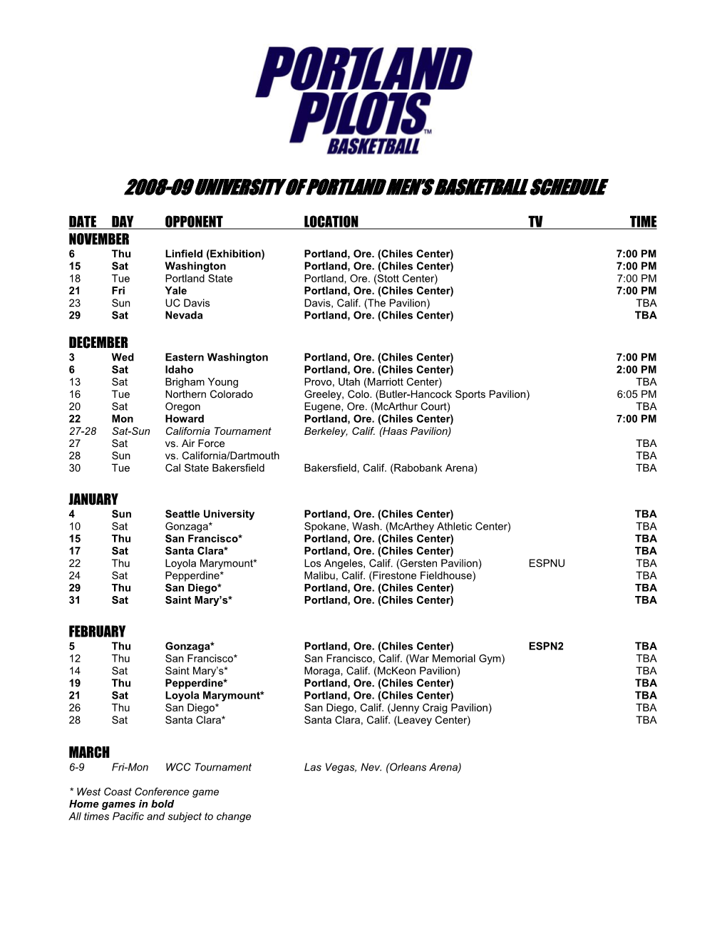 2008-09 University of Portland Men's Basketball Schedule