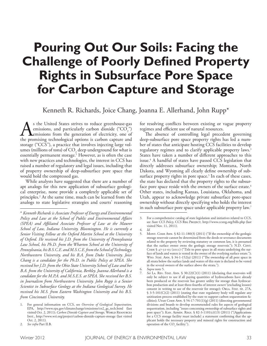 Pouring out Our Soils: Facing the Challenge of Poorly Deﬁned Property Rights in Subsurface Pore Space for Carbon Capture and Storage
