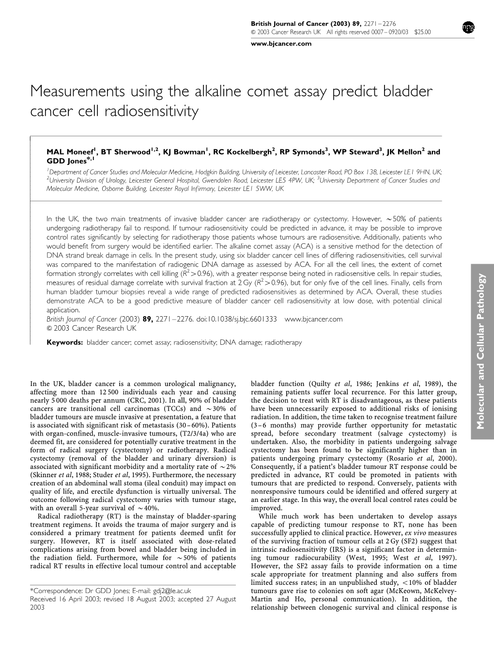 Measurements Using the Alkaline Comet Assay Predict Bladder Cancer Cell Radiosensitivity