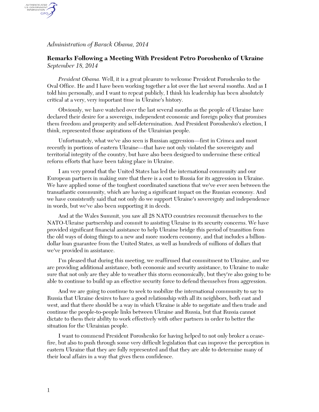 Administration of Barack Obama, 2014 Remarks Following a Meeting With