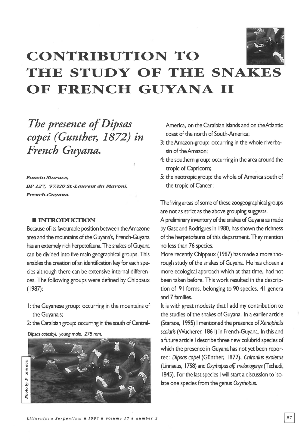 The Presence of Dipsas Copei (Gunther, 1872) French Guyana