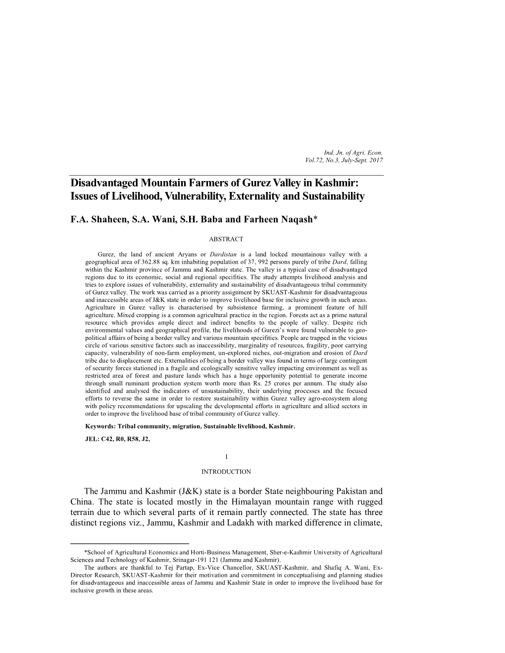 Disadvantaged Mountain Farmers of Gurez Valley in Kashmir: Issues of Livelihood, Vulnerability, Externality and Sustainability