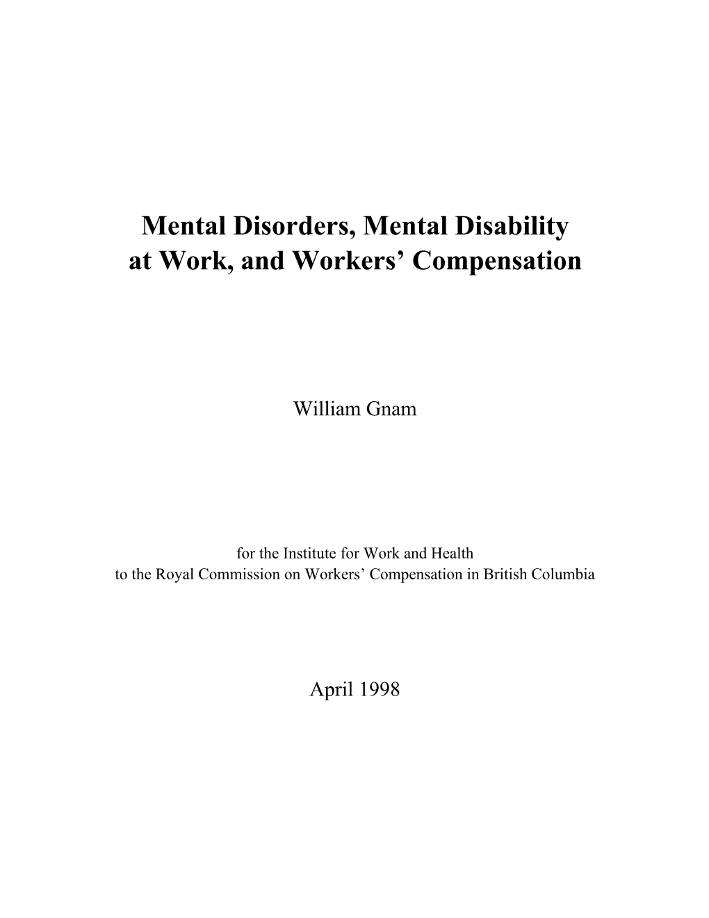 Mental Disorders, Mental Disability at Work, and Workers' Compensation