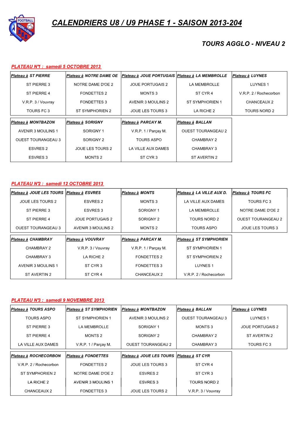 Calendrier U9 Phase 1 Saison 2013-2014