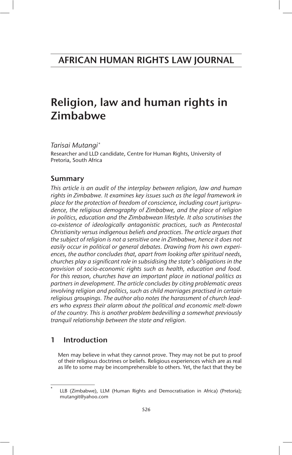 Religion, Law and Human Rights in Zimbabwe