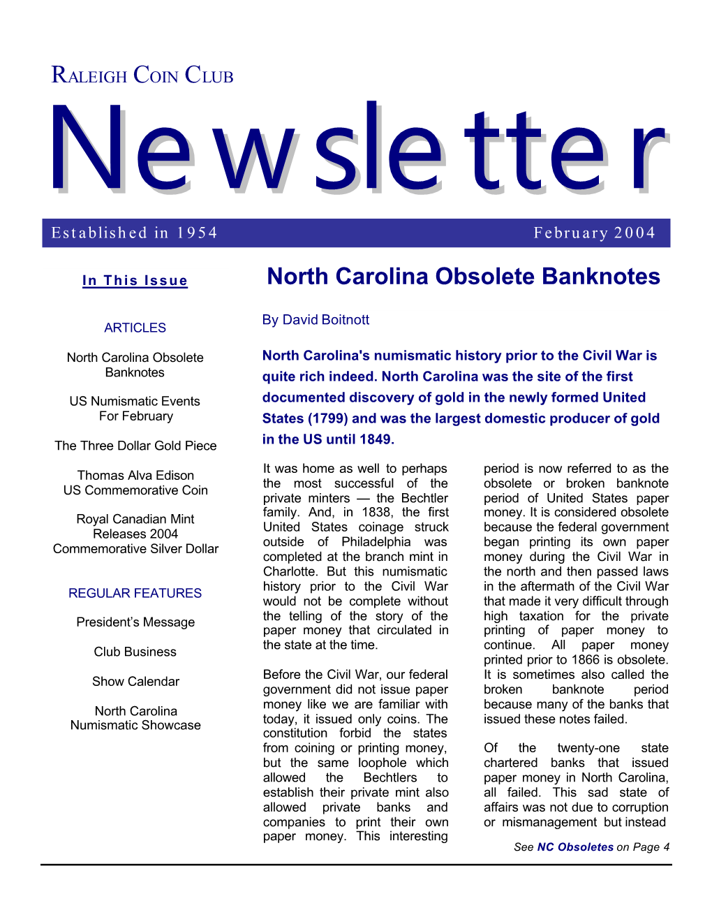North Carolina Obsolete Banknotes