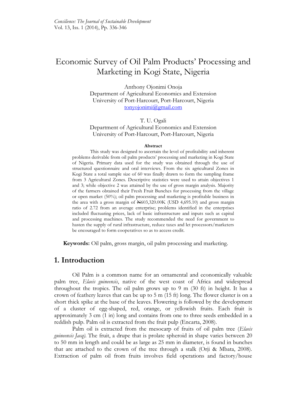 Economic Survey of Oil Palm Products' Processing and Marketing in Kogi State, Nigeria