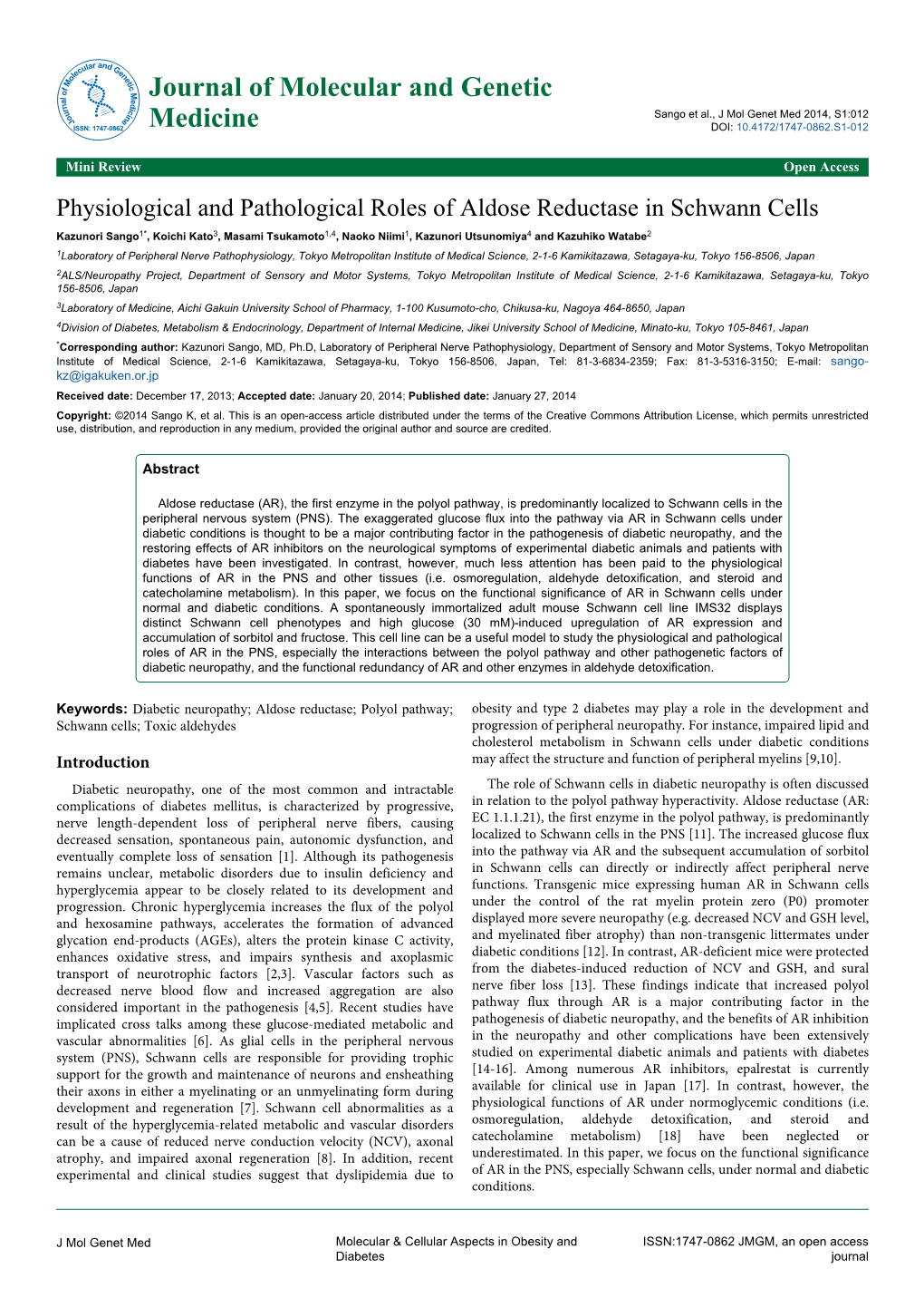 Physiological and Pathological Roles of Aldose Reductase in Schwann