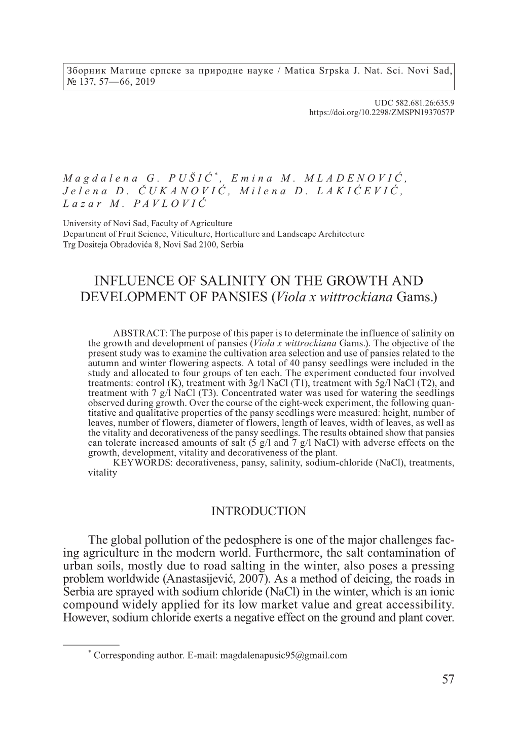 INFLUENCE of SALINITY on the GROWTH and DEVELOPMENT of PANSIES (Viola X Wittrockiana Gams.)