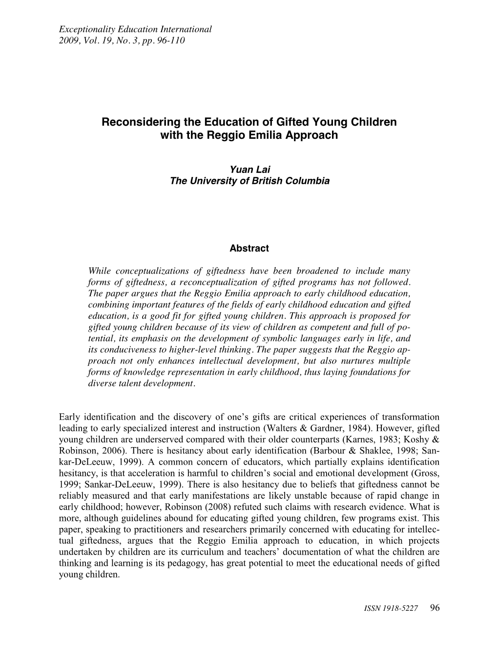 Reconsidering the Education of Gifted Young Children with the Reggio Emilia Approach