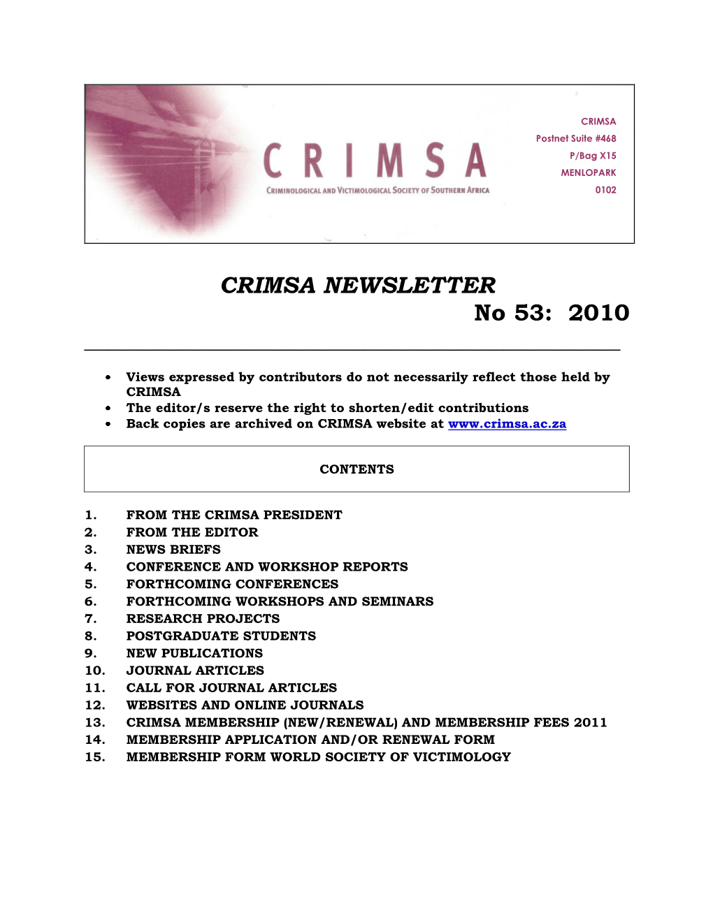 CRIMSA NEWSLETTER No 53: 2010 ______