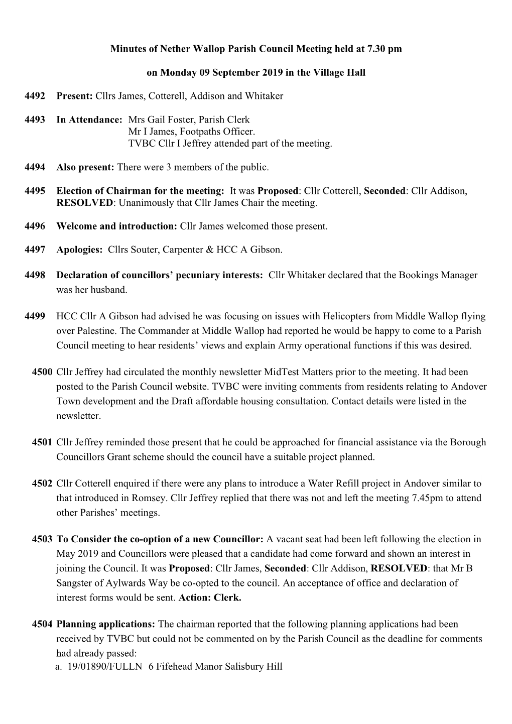 Minutes of Nether Wallop Parish Council Meeting Held at 7.30 Pm on Monday 09 September 2019 in the Village Hall 4492 Present: Cl