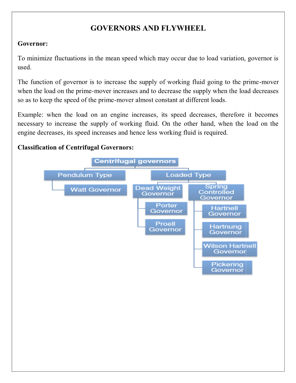 Governors and Flywheel