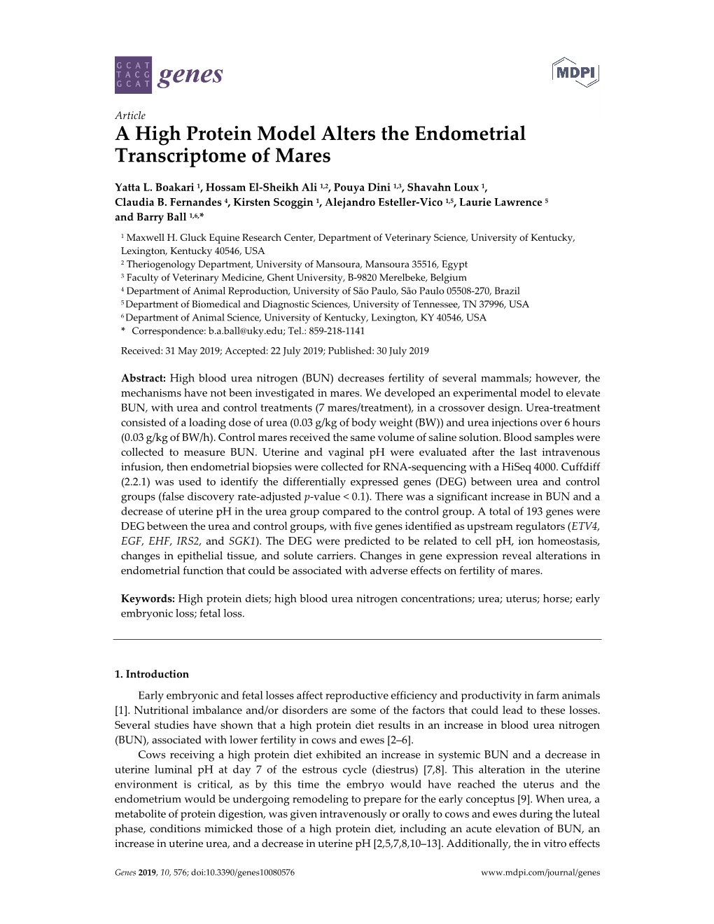 A High Protein Model Alters the Endometrial Transcriptome of Mares