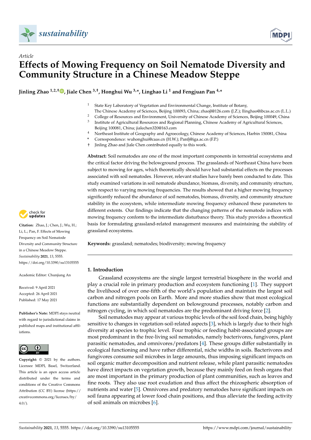 Effects of Mowing Frequency on Soil Nematode Diversity and Community Structure in a Chinese Meadow Steppe