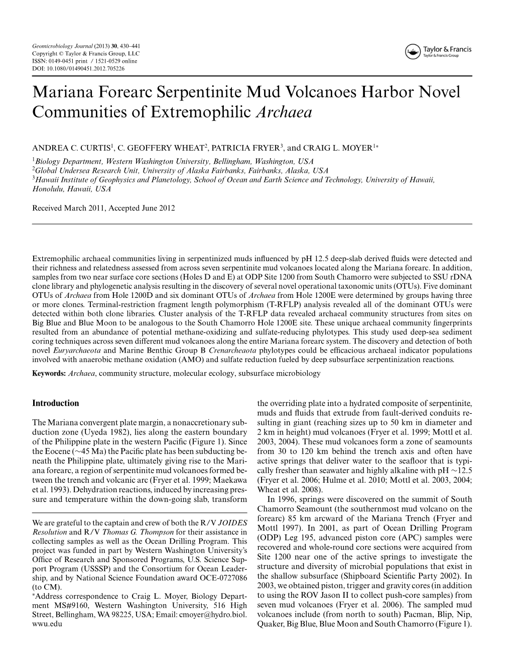 Mariana Forearc Serpentinite Mud Volcanoes Harbor Novel Communities of Extremophilic Archaea