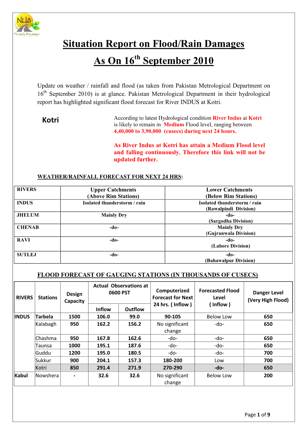 Situation Report on Flood/Rain Damages As on 16