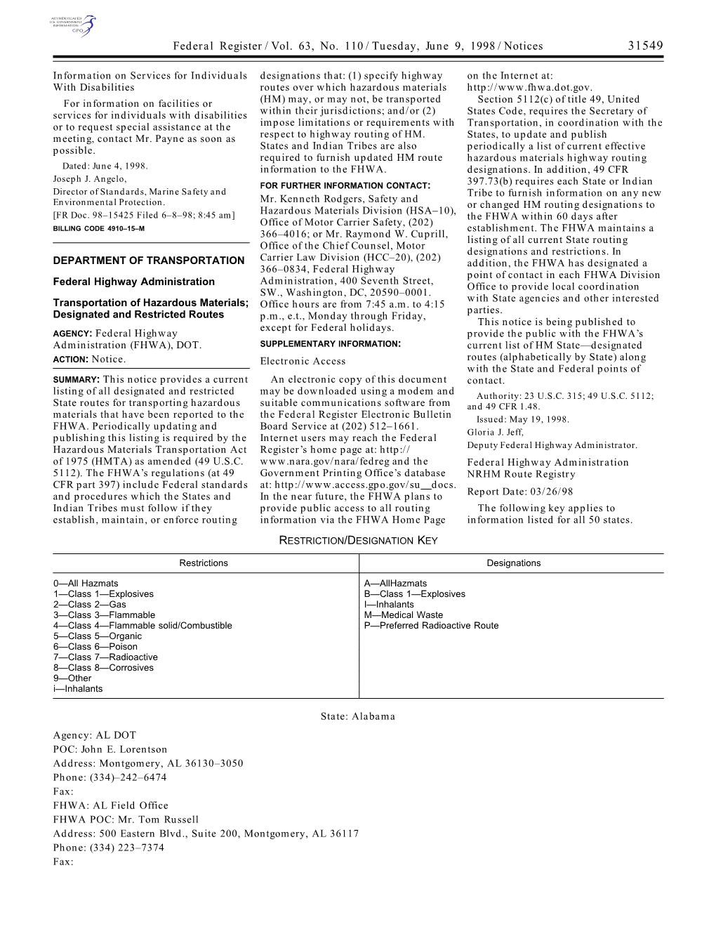 Federal Register/Vol. 63, No. 110/Tuesday, June 9, 1998/Notices