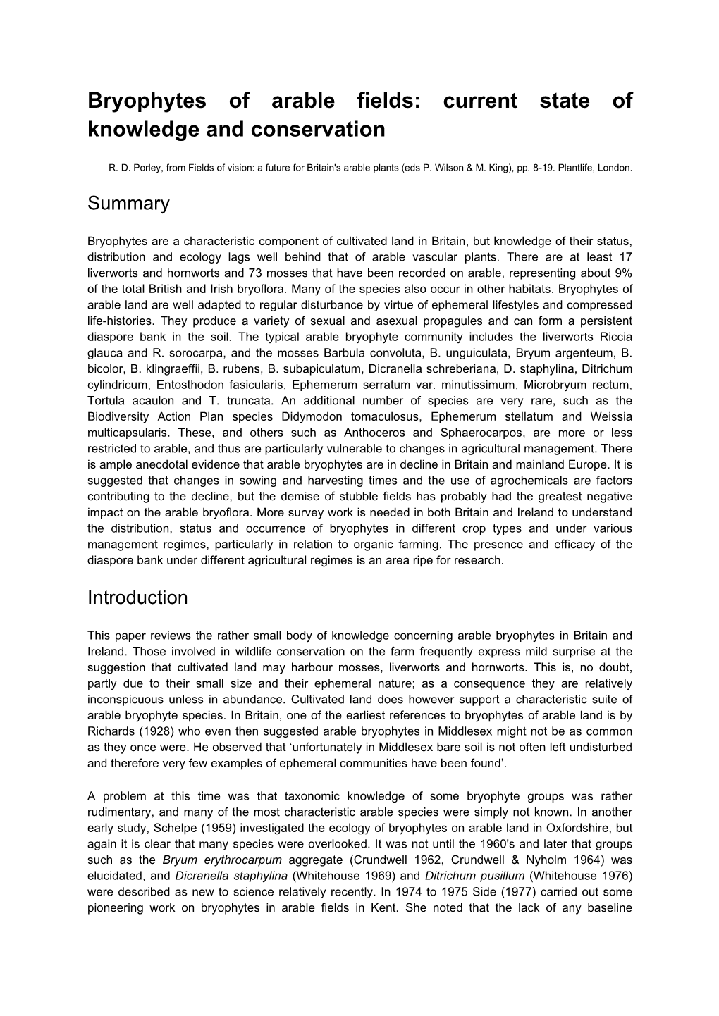 Bryophytes of Arable Fields: Current State of Knowledge and Conservation