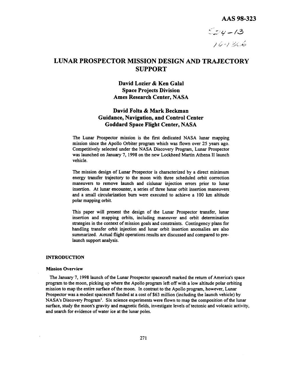 Aas 98-323 Lunar Prospector Mission Design And