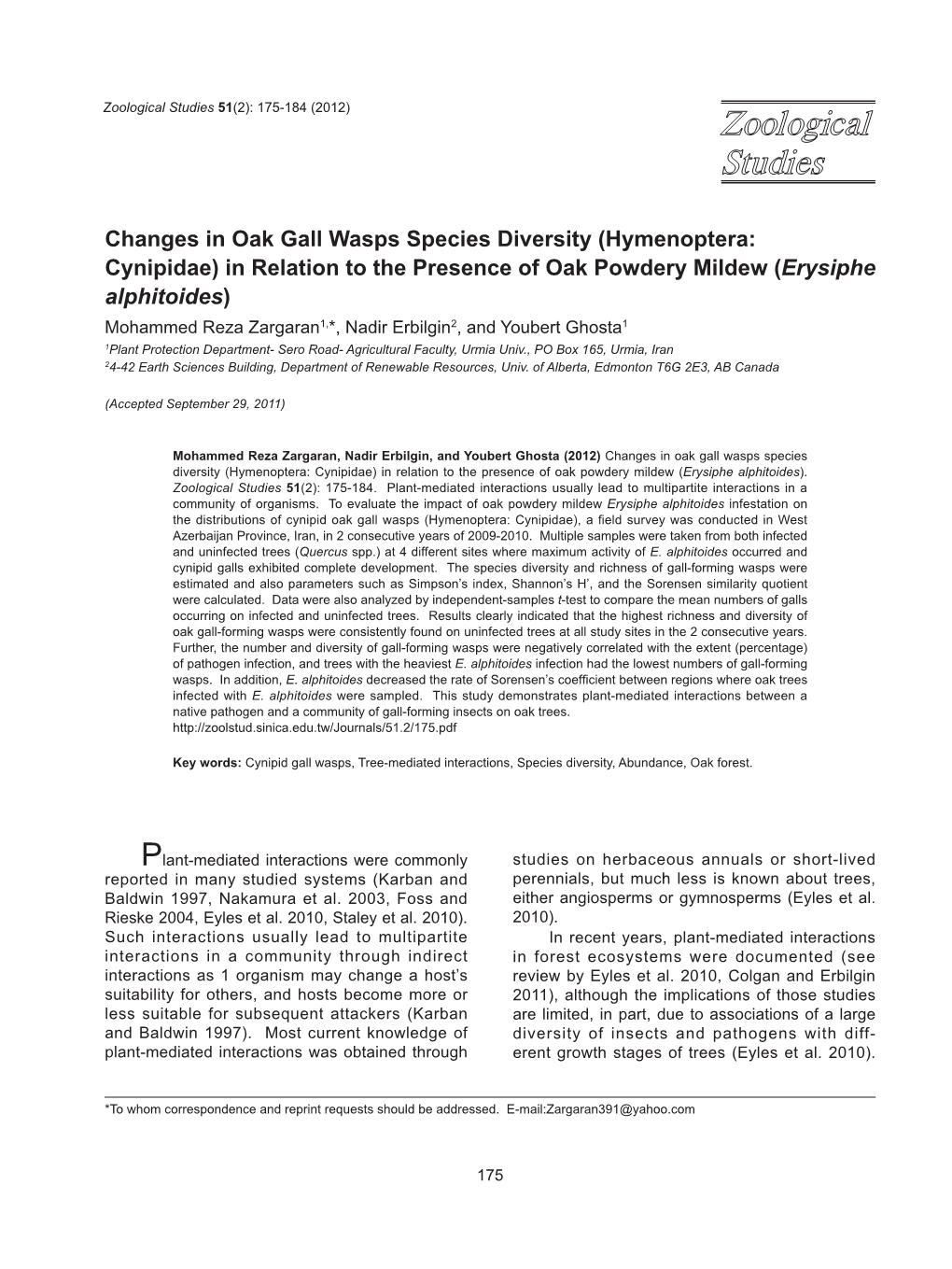 Changes in Oak Gall Wasps Species Diversity (Hymenoptera: Cynipidae