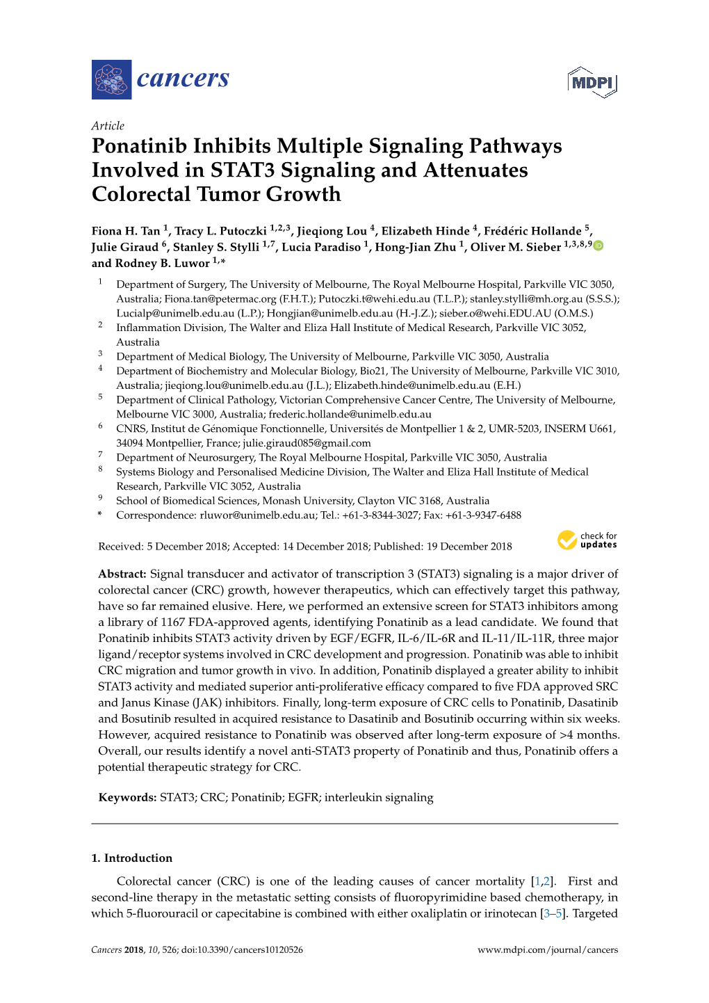 Ponatinib Inhibits Multiple Signaling Pathways Involved in STAT3 Signaling and Attenuates Colorectal Tumor Growth