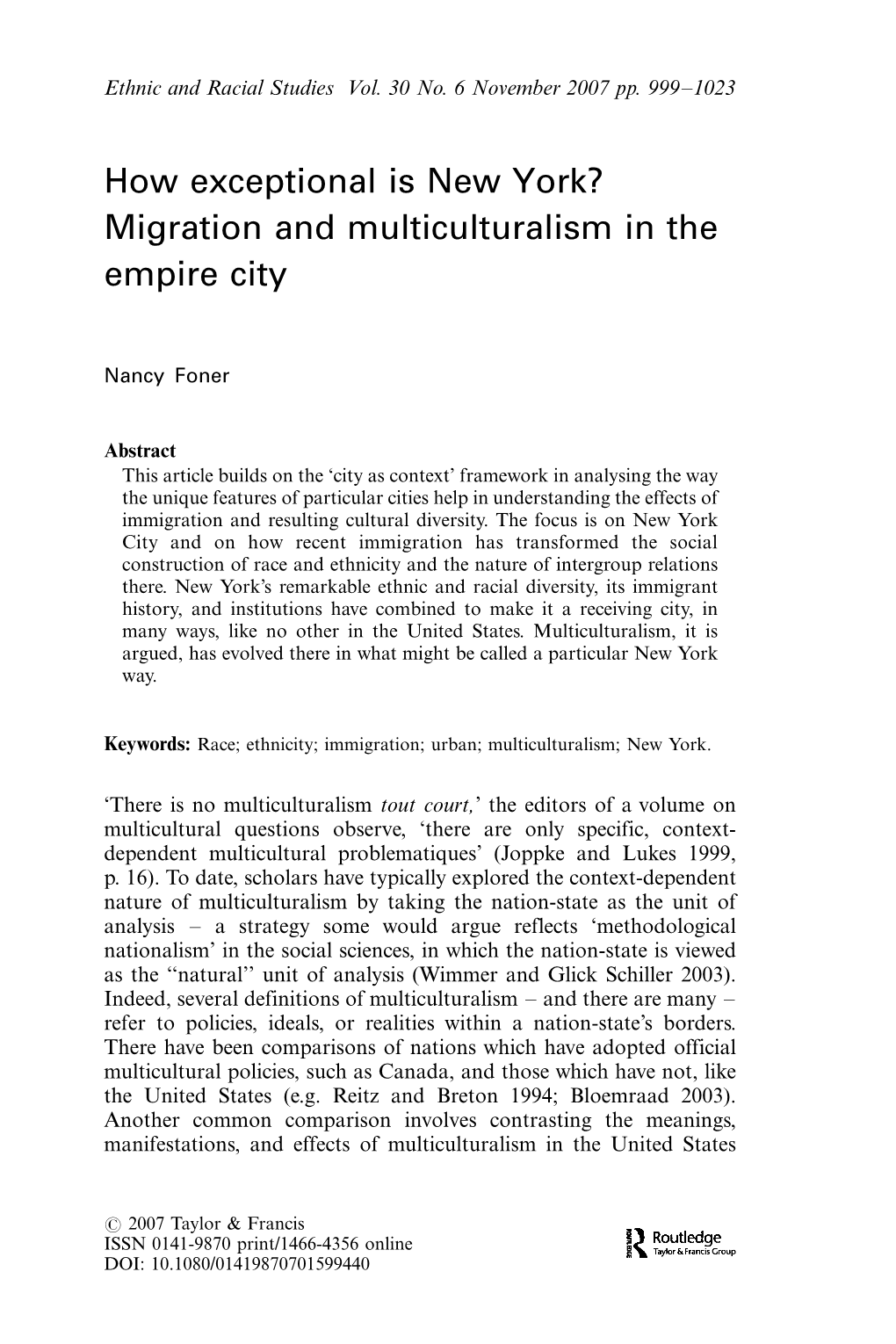 How Exceptional Is New York? Migration and Multiculturalism in the Empire City