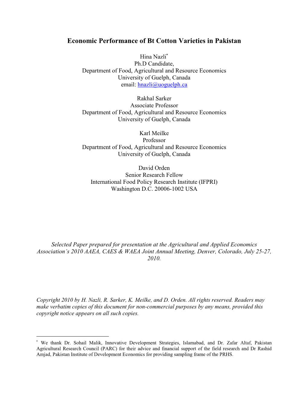 Economic Performance of Bt Cotton Varieties in Pakistan