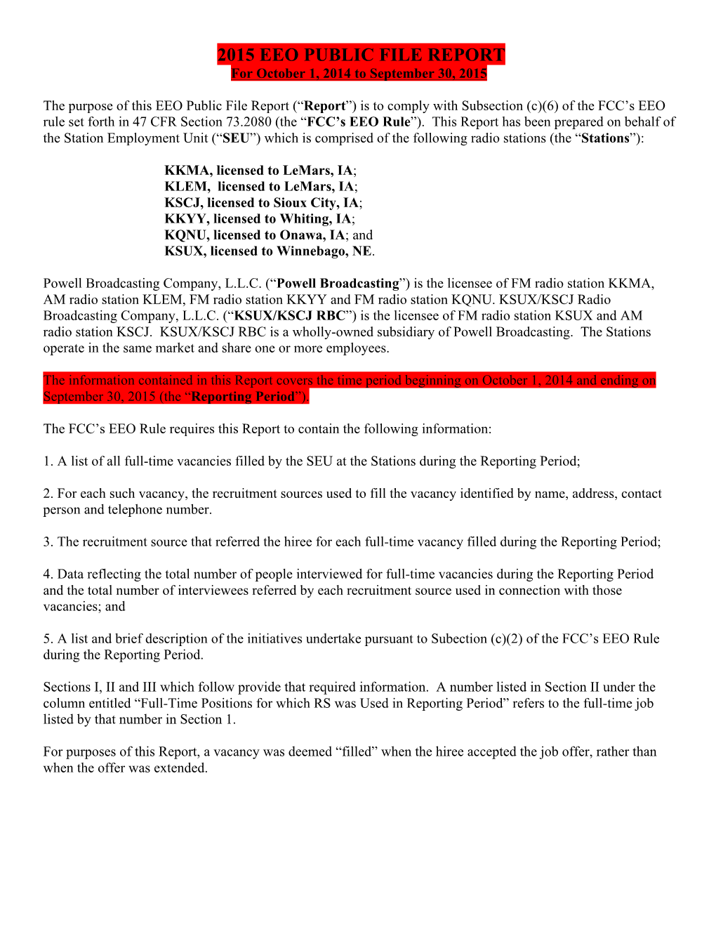 2015 EEO PUBLIC FILE REPORT for October 1, 2014 to September 30, 2015