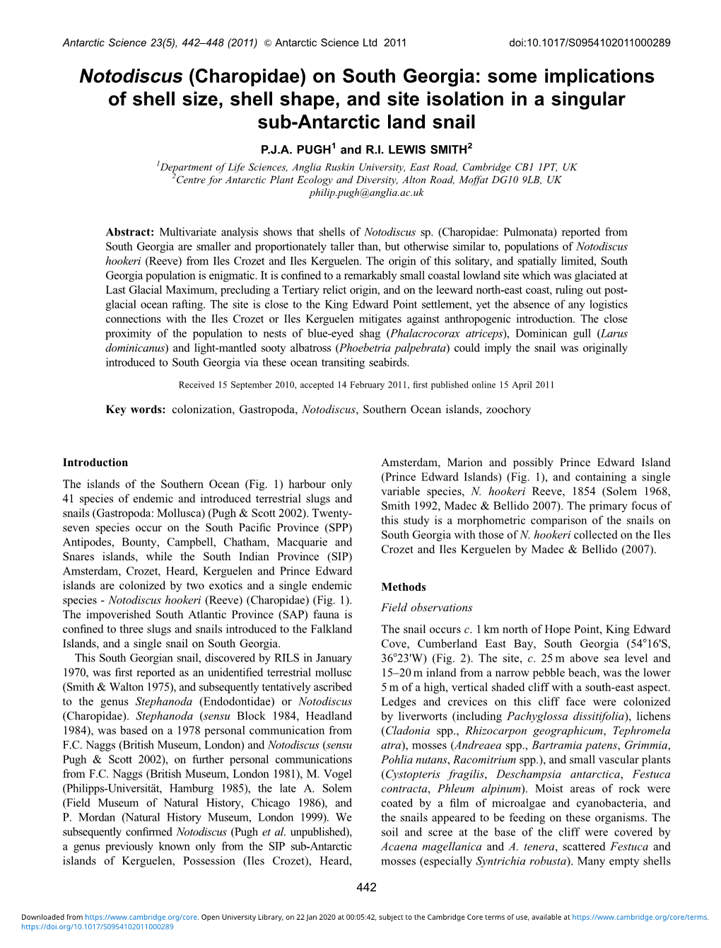 On South Georgia: Some Implications of Shell Size, Shell Shape, and Site Isolation in a Singular Sub-Antarctic Land Snail P.J.A