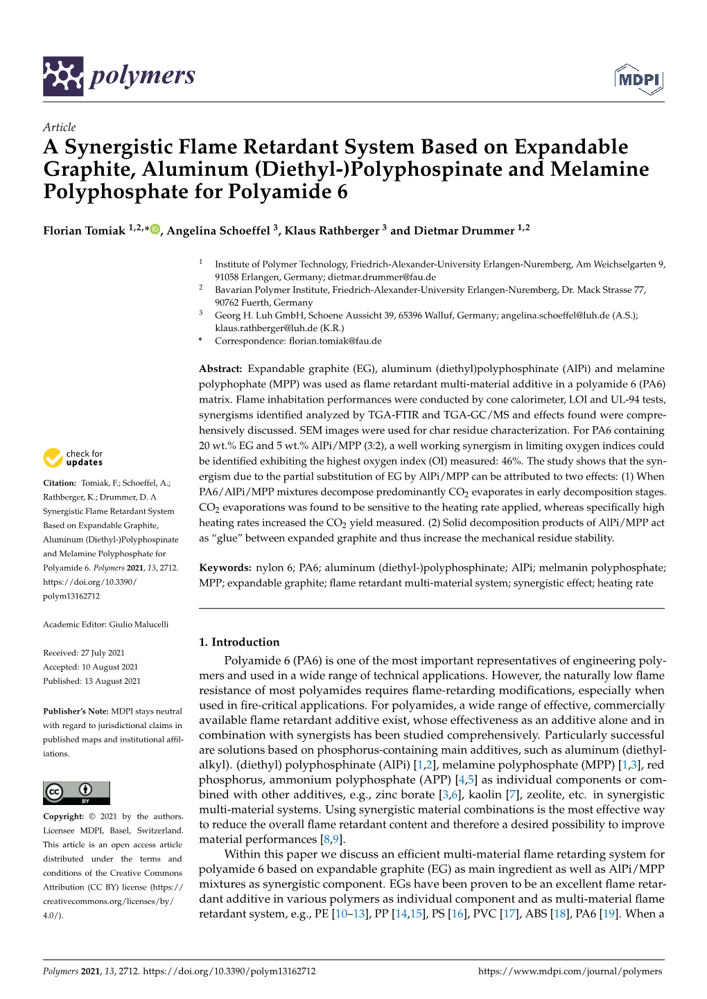 A Synergistic Flame Retardant System Based on Expandable Graphite, Aluminum (Diethyl-)Polyphospinate and Melamine Polyphosphate for Polyamide 6