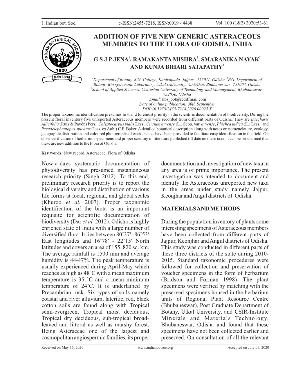 Addition of Five New Generic Asteraceous Members to the Flora of Odisha, India