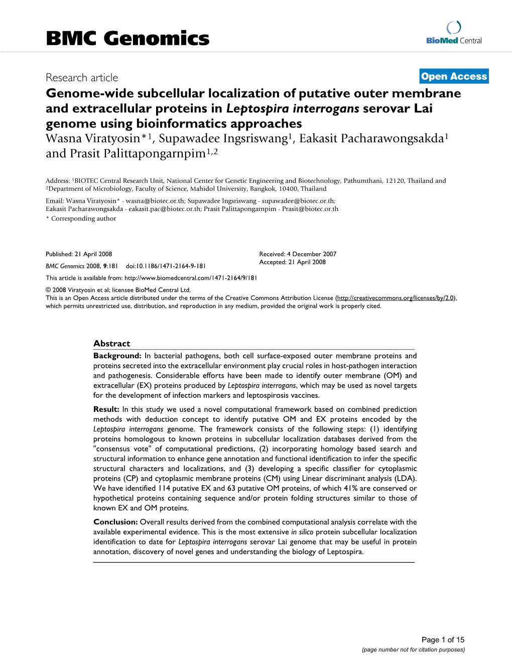 Genome-Wide Subcellular Localization of Putative Outer Membrane and Extracellular Proteins in Leptospira Interrogans Serovar Lai Genome Using Bioinformatics Approaches