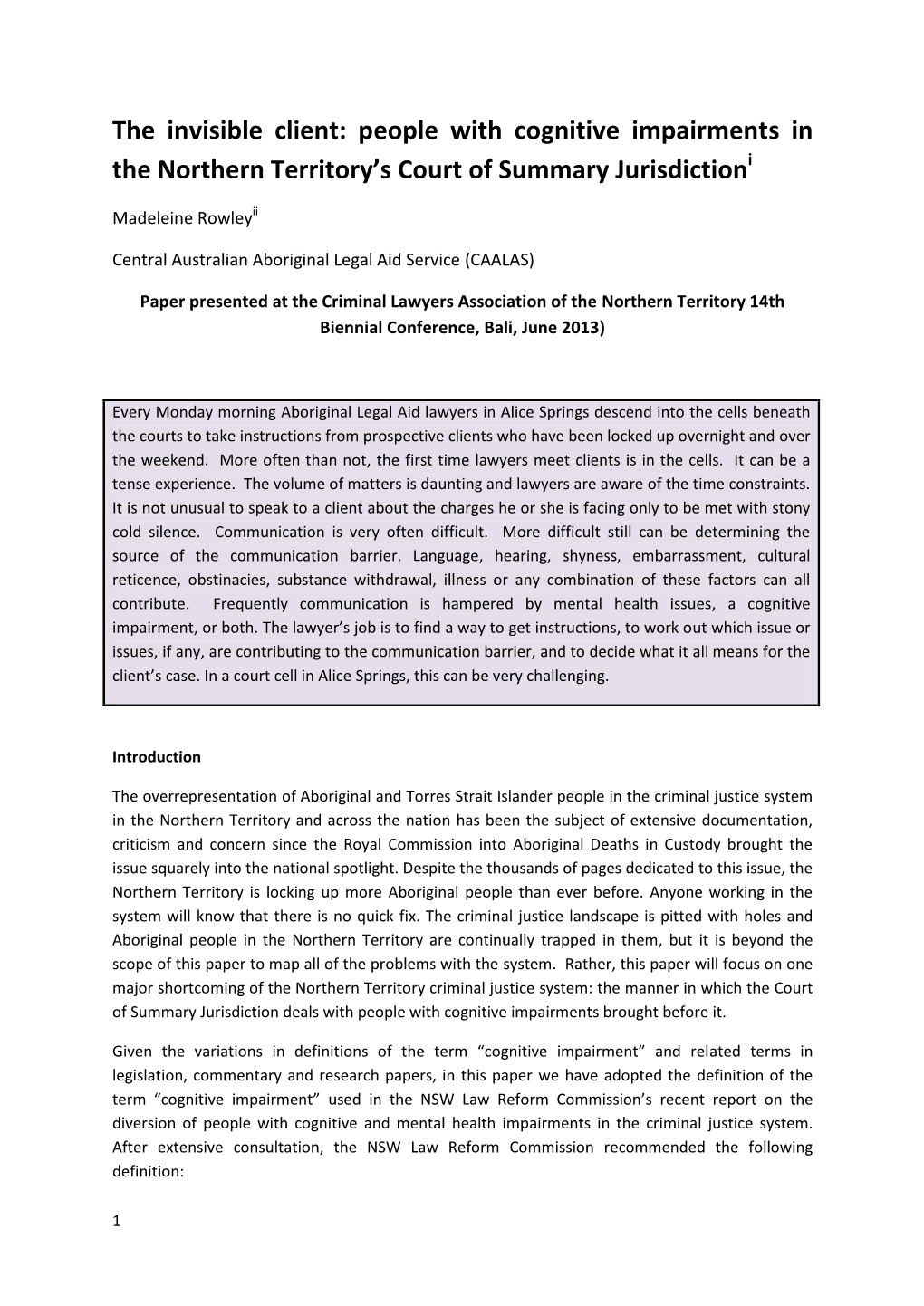 The Invisible Client: People with Cognitive Impairments in the Northern Territory's Court of Summary Jurisdiction