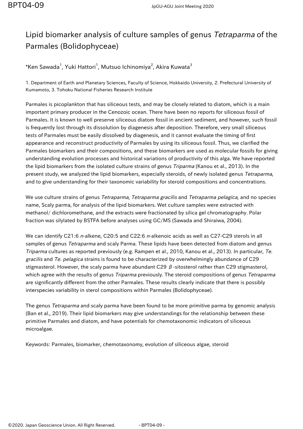 Lipid Biomarker Analysis of Culture Samples of Genus Tetraparma of the Parmales (Bolidophyceae) BPT04-09