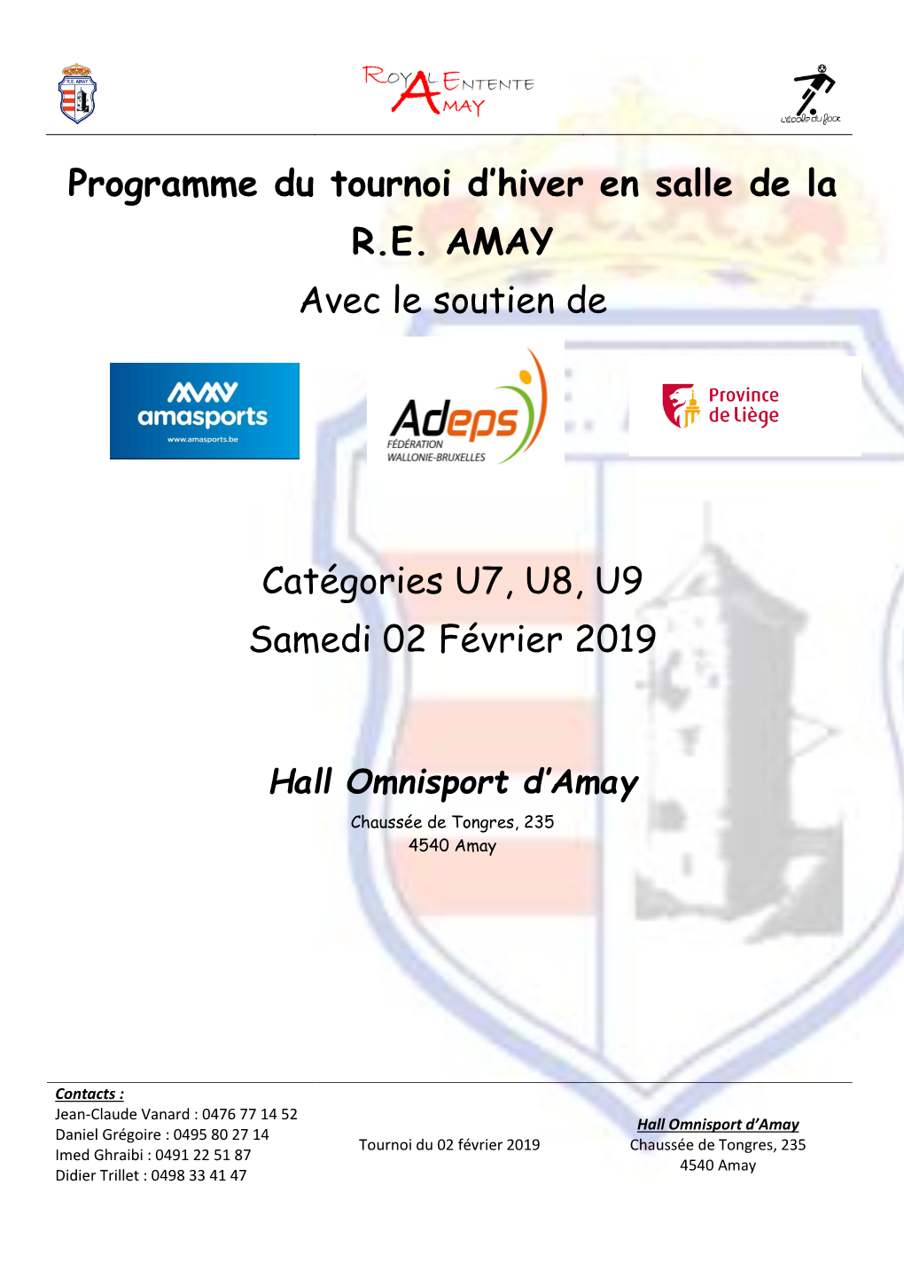 Programme Du Tournoi D'hiver En Salle De La R.E. AMAY Avec Le Soutien