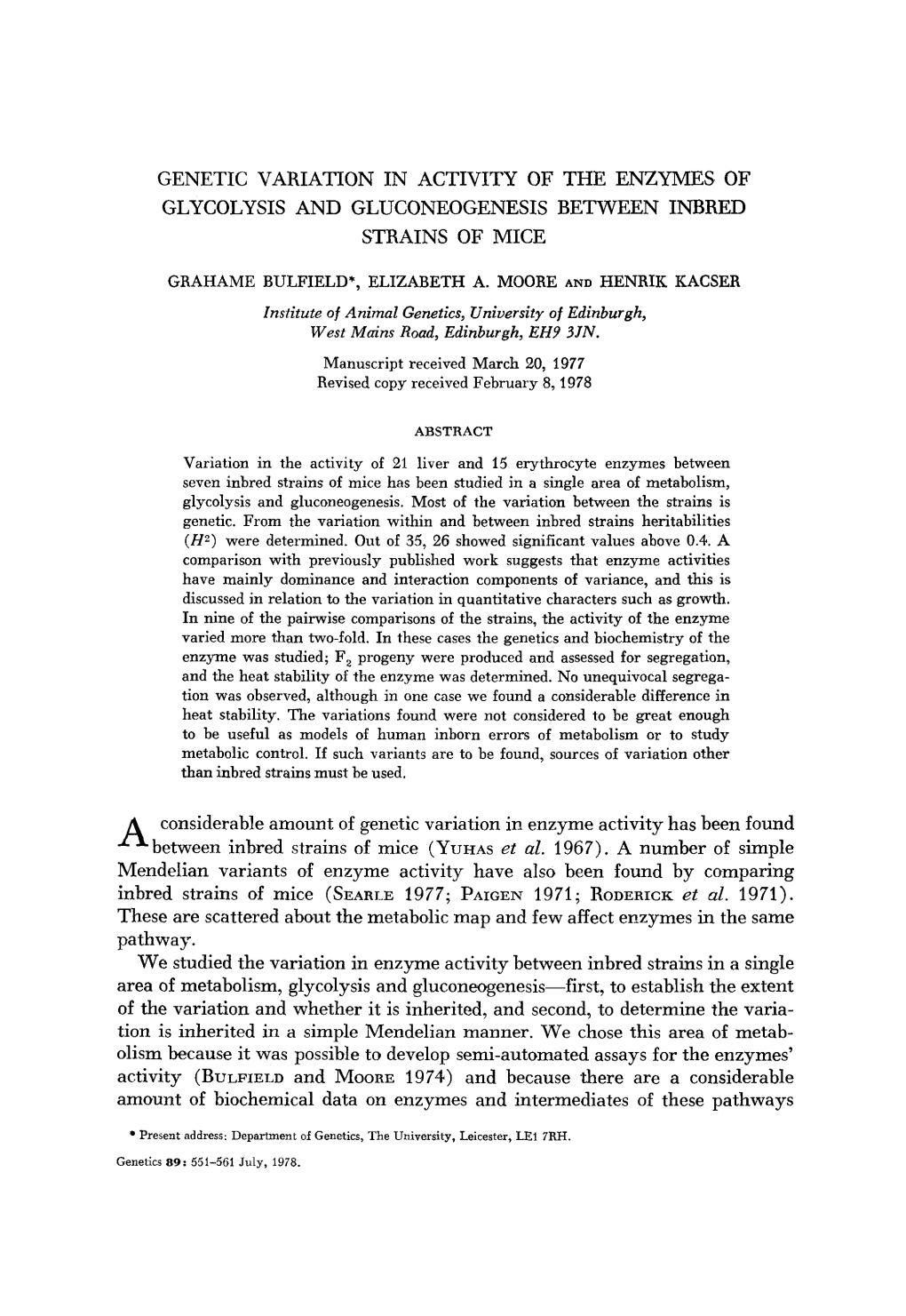 Genetic Variation in Activity of the Enzymes of Glycolysis and Gluconeogenesis Between Inbred Strains of Mice