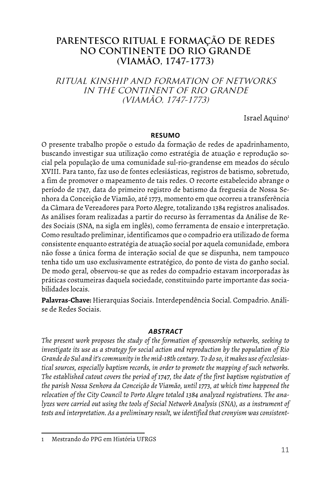 Parentesco Ritual E Formação De Redes No Continente Do Rio Grande (Viamão, 1747-1773)