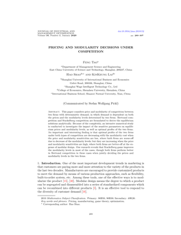PRICING and MODULARITY DECISIONS UNDER COMPETITION Feng Tao Hao Shao and Kinkeung Lai (Communicated by Stefan Wolfgang Pickl) 1