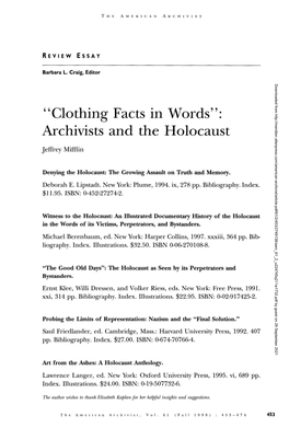 Archivists and the Holocaust Jeffrey Mifflin