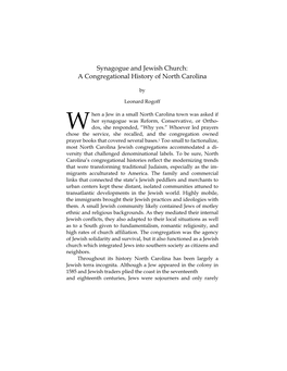 Synagogue and Jewish Church: a Congregational History of North Carolina