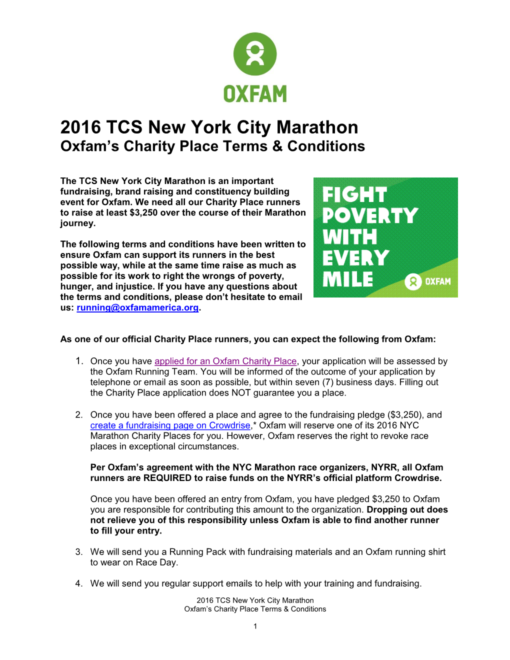 2016 TCS New York City Marathon Oxfam’S Charity Place Terms & Conditions
