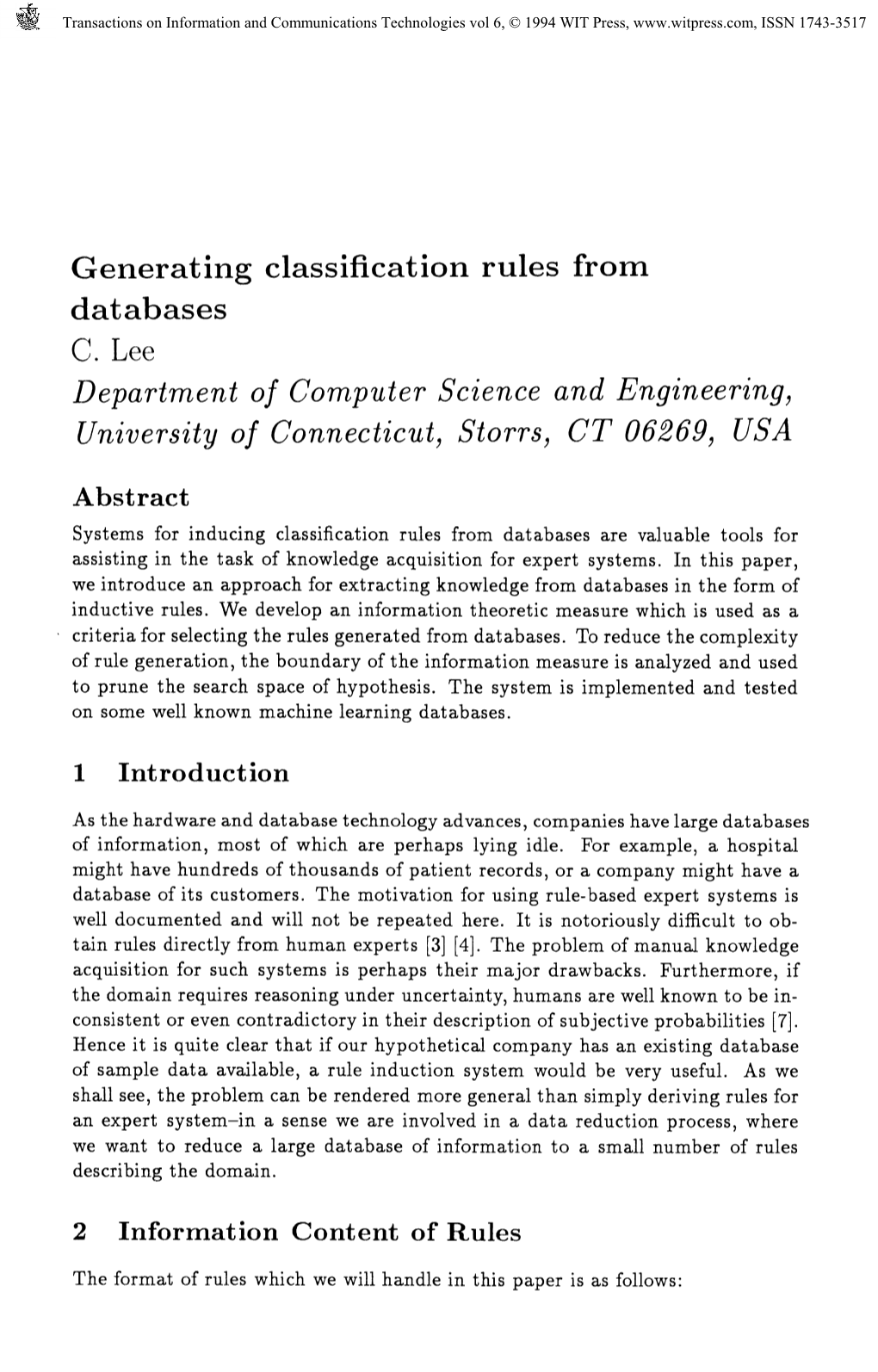 Generating Classification Rules from Databases Department of Computer