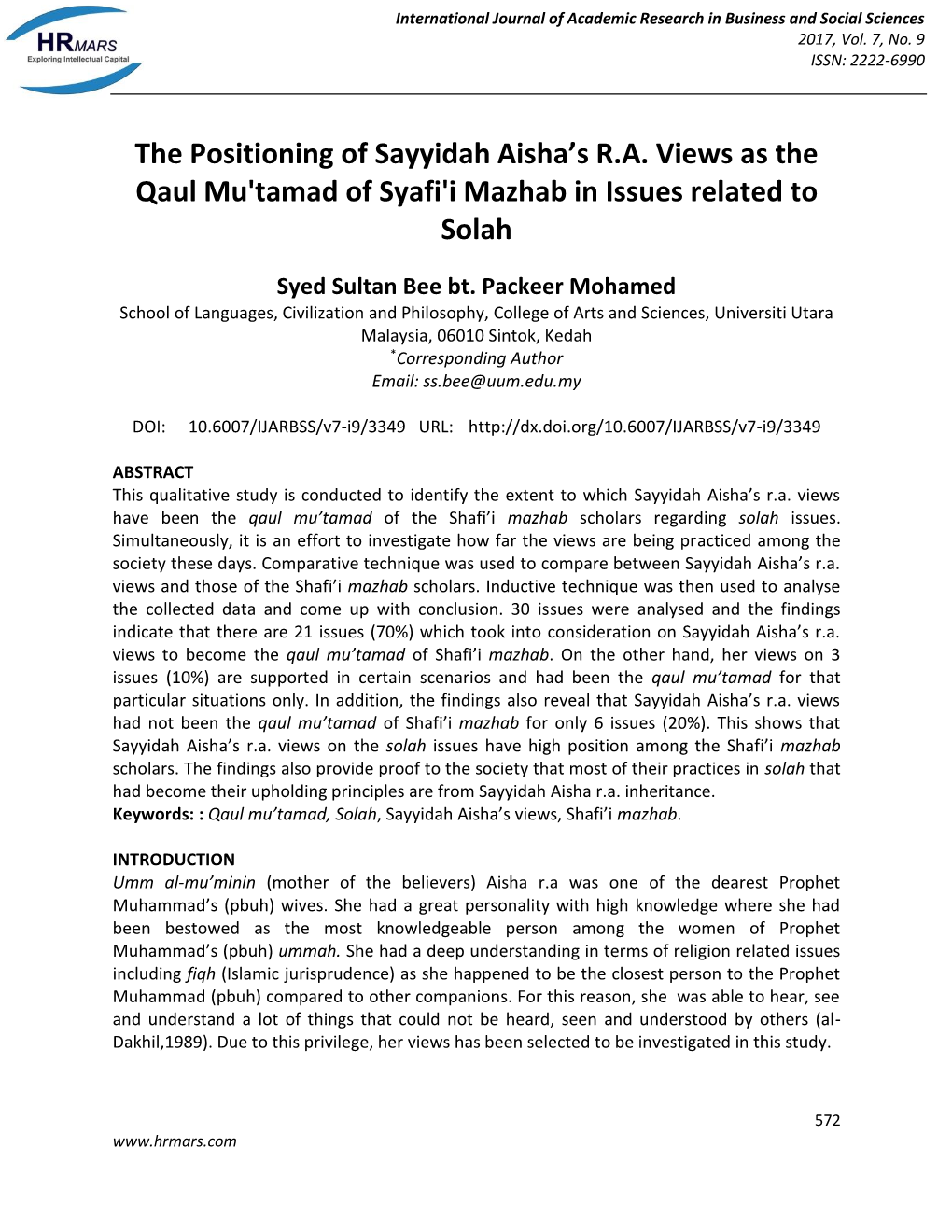 The Positioning of Sayyidah Aisha's R.A. Views As the Qaul Mu'tamad Of