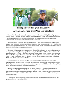 Living History Program to Explore African-American Civil War Contributions