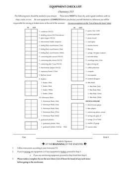 EQUIPMENT CHECK LIST Chemistry 313 the Following Items Should Be Stocked in Your Drawer