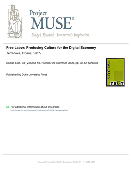 Free Labor: Producing Culture for the Digital Economy Terranova, Tiziana, 1967