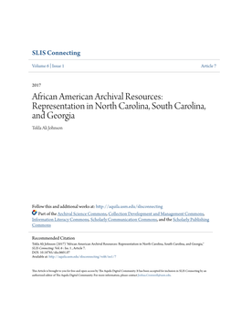 African American Archival Resources: Representation in North Carolina, South Carolina, and Georgia Tekla Ali Johnson
